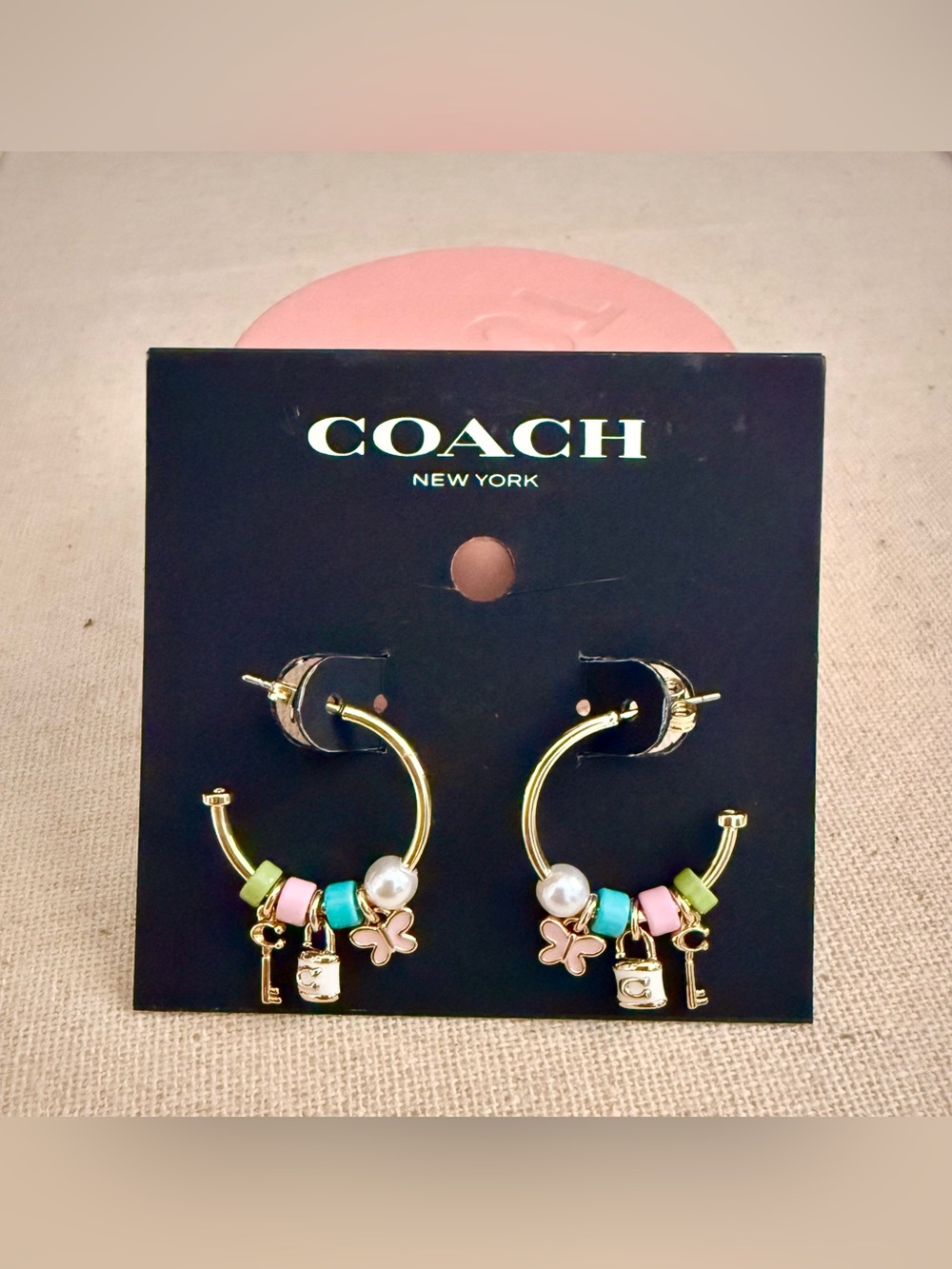 Coach Gold Hoop Earrings with Pink, Blue, Green Beads and Pearl Charm NEW!! - Picture 6 of 6